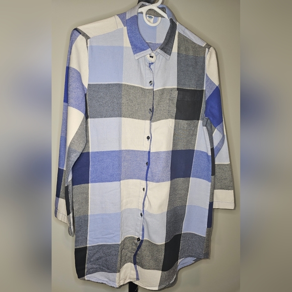 Old Navy Womens Size Large Blue White Checks Boyfriend Style Pajama Night Shirt - Picture 5 of 7